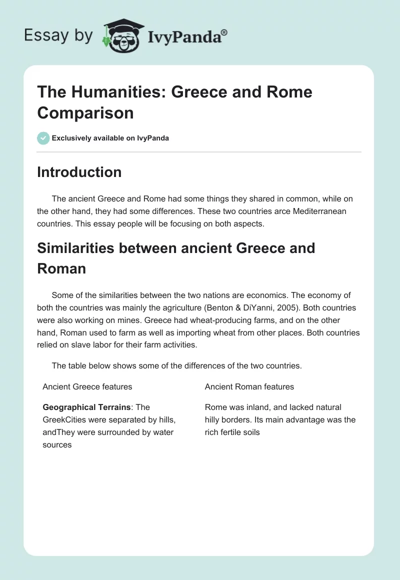 The Humanities: Greece and Rome Comparison. Page 1