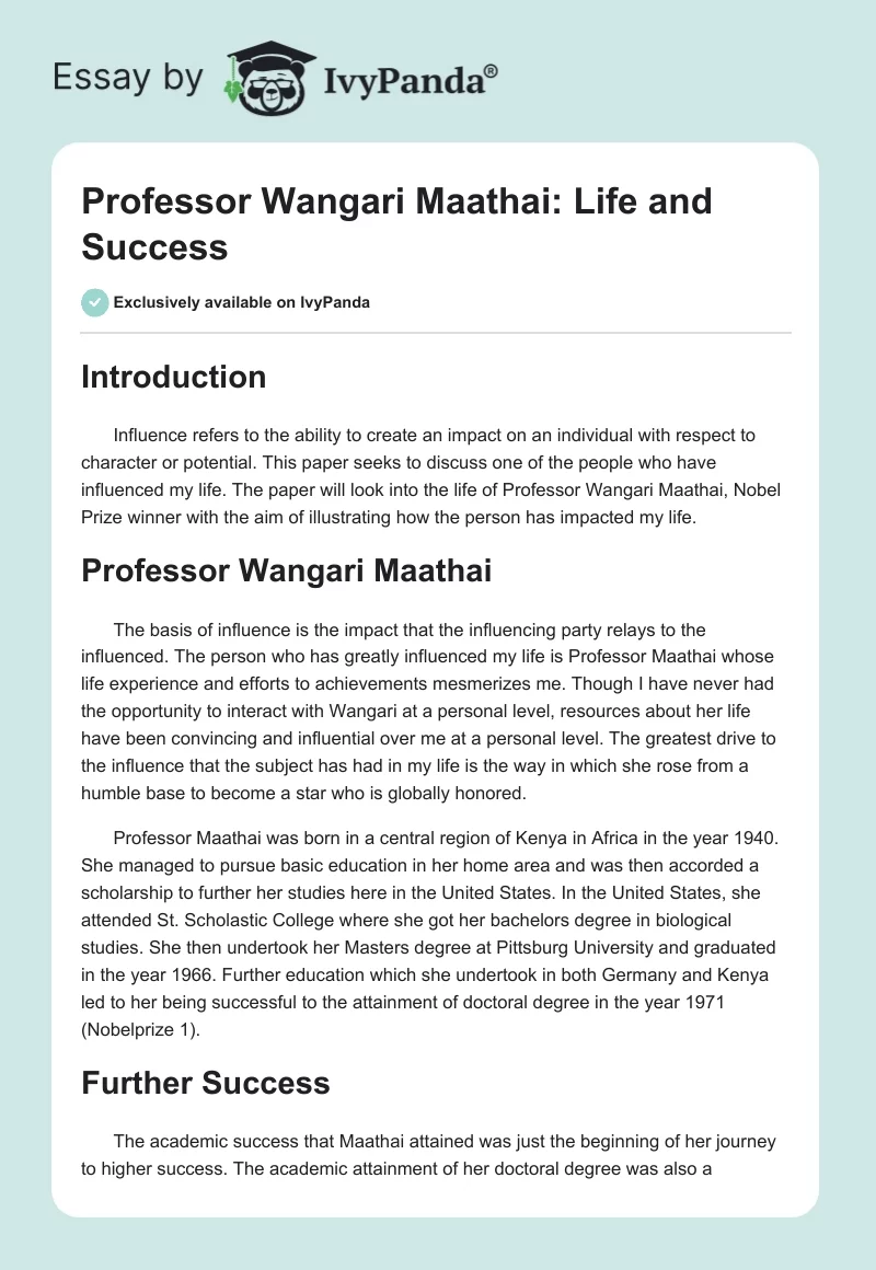 Professor Wangari Maathai: Life and Success. Page 1