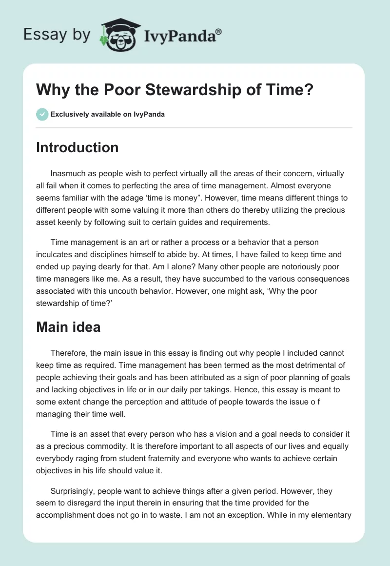 Why the Poor Stewardship of Time?. Page 1