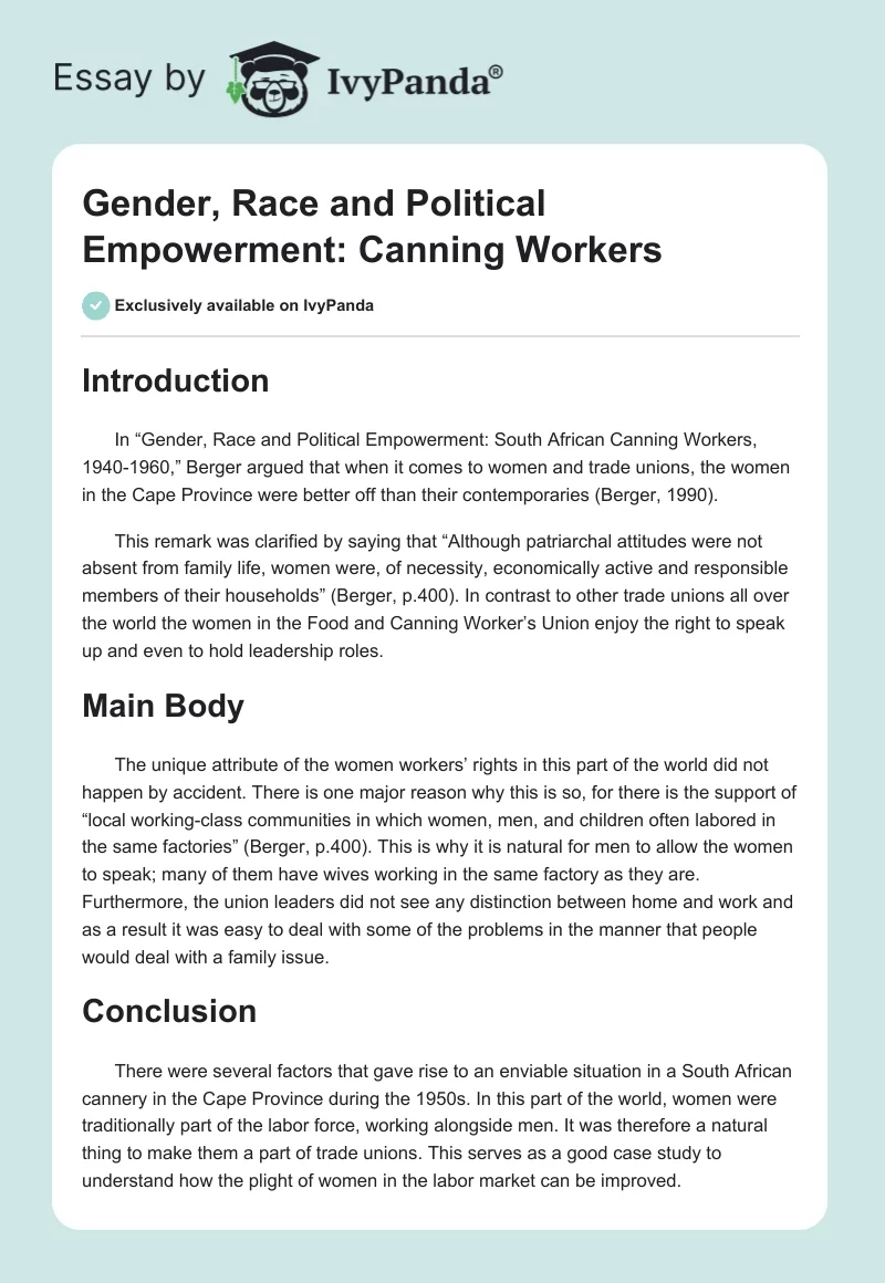 Gender, Race and Political Empowerment: Canning Workers. Page 1
