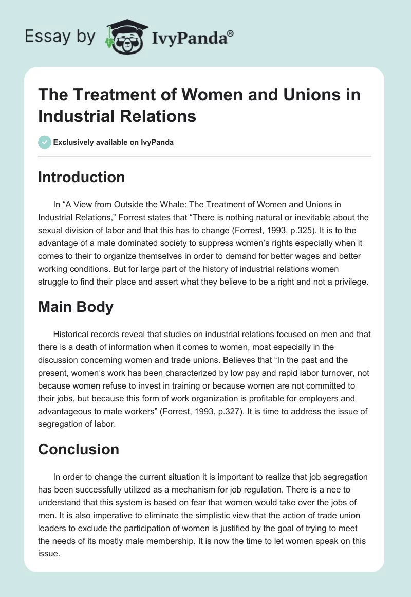 The Treatment of Women and Unions in Industrial Relations. Page 1