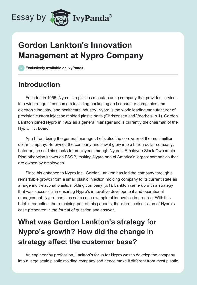 Gordon Lankton's Innovation Management at Nypro Company. Page 1