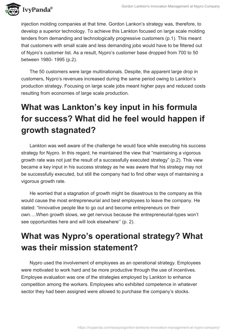 Gordon Lankton's Innovation Management at Nypro Company. Page 2