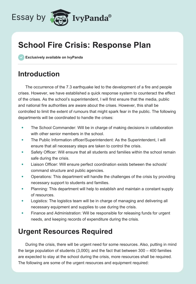 School Fire Crisis: Response Plan. Page 1