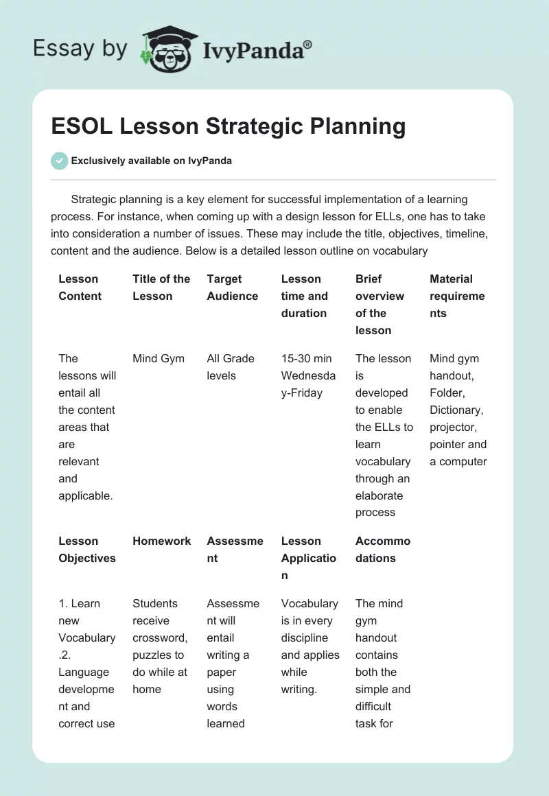 ESOL Lesson Strategic Planning. Page 1