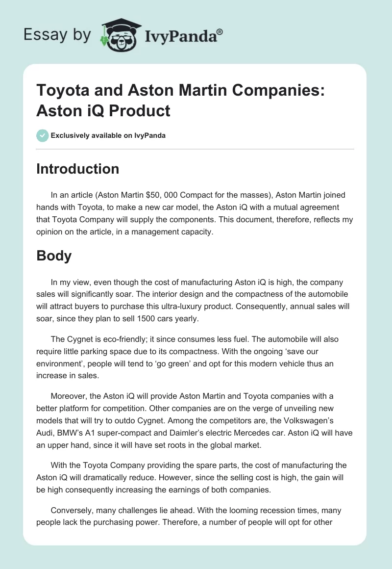 Toyota and Aston Martin Companies: Aston iQ Product. Page 1