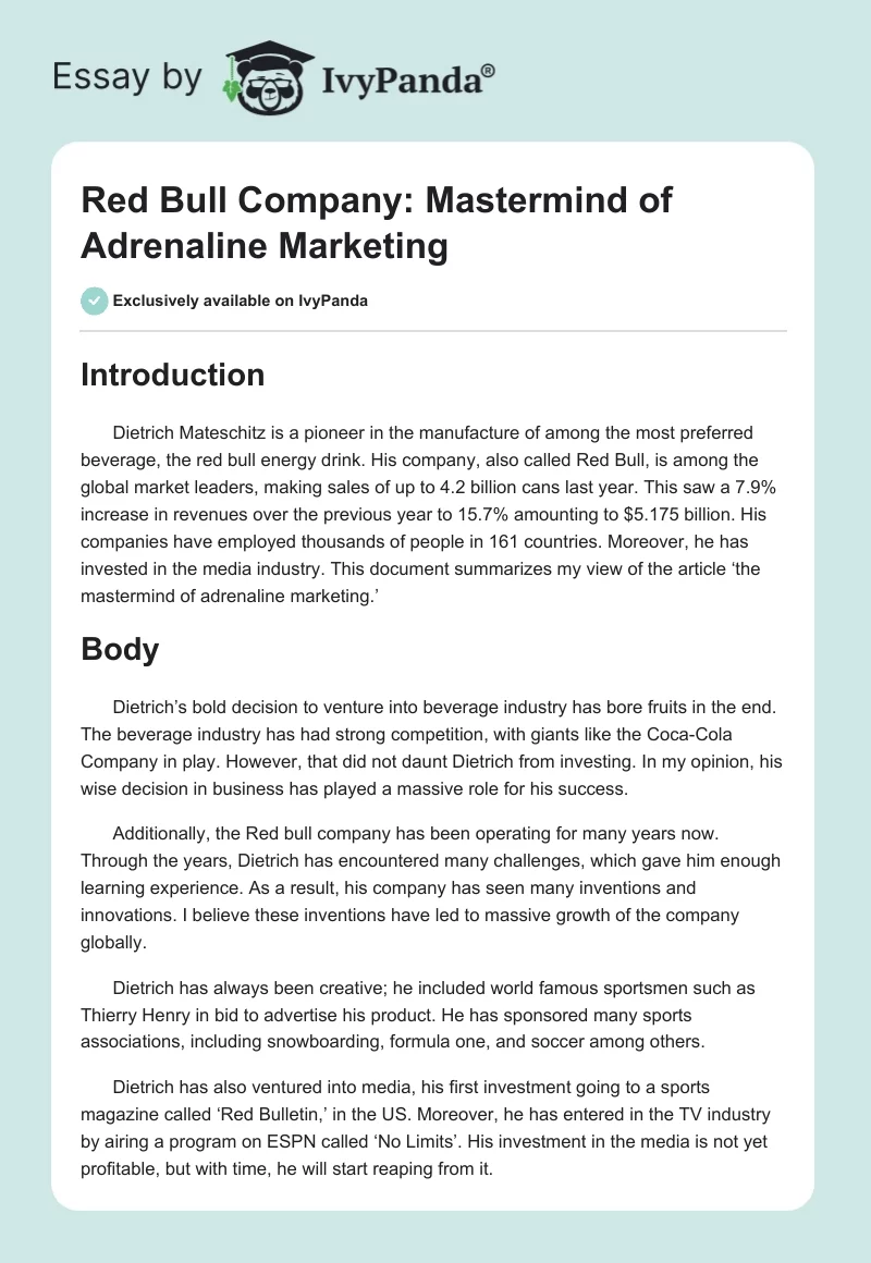 Red Bull Company: Mastermind of Adrenaline Marketing. Page 1