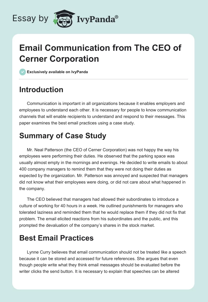 Email Communication From the CEO of Cerner Corporation. Page 1