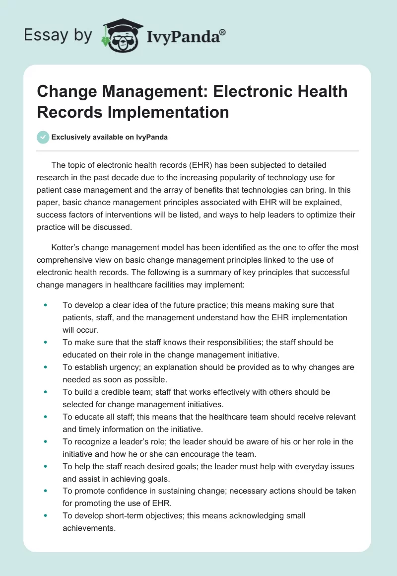 Change Management: Electronic Health Records Implementation. Page 1