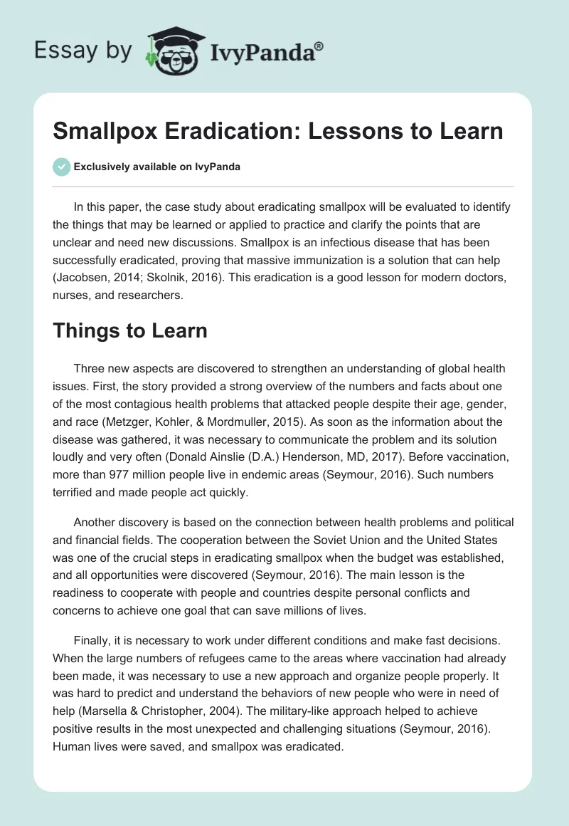 Smallpox Eradication: Lessons to Learn. Page 1