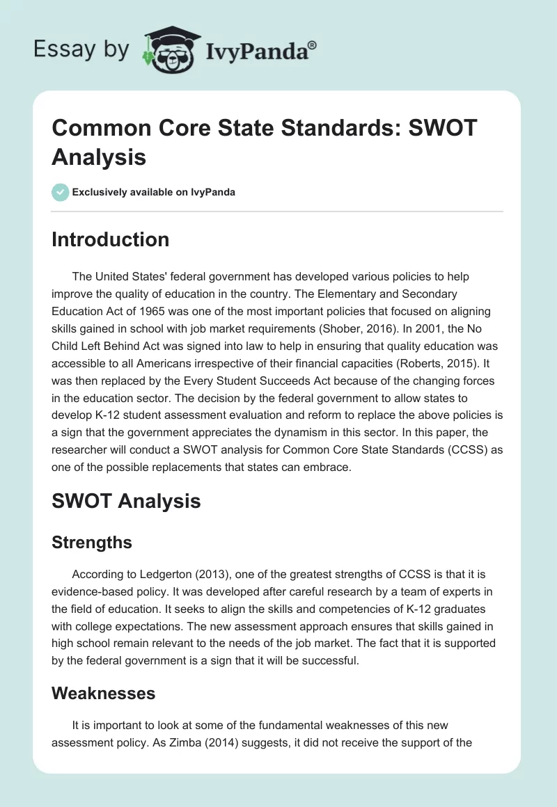 Common Core State Standards: SWOT Analysis. Page 1