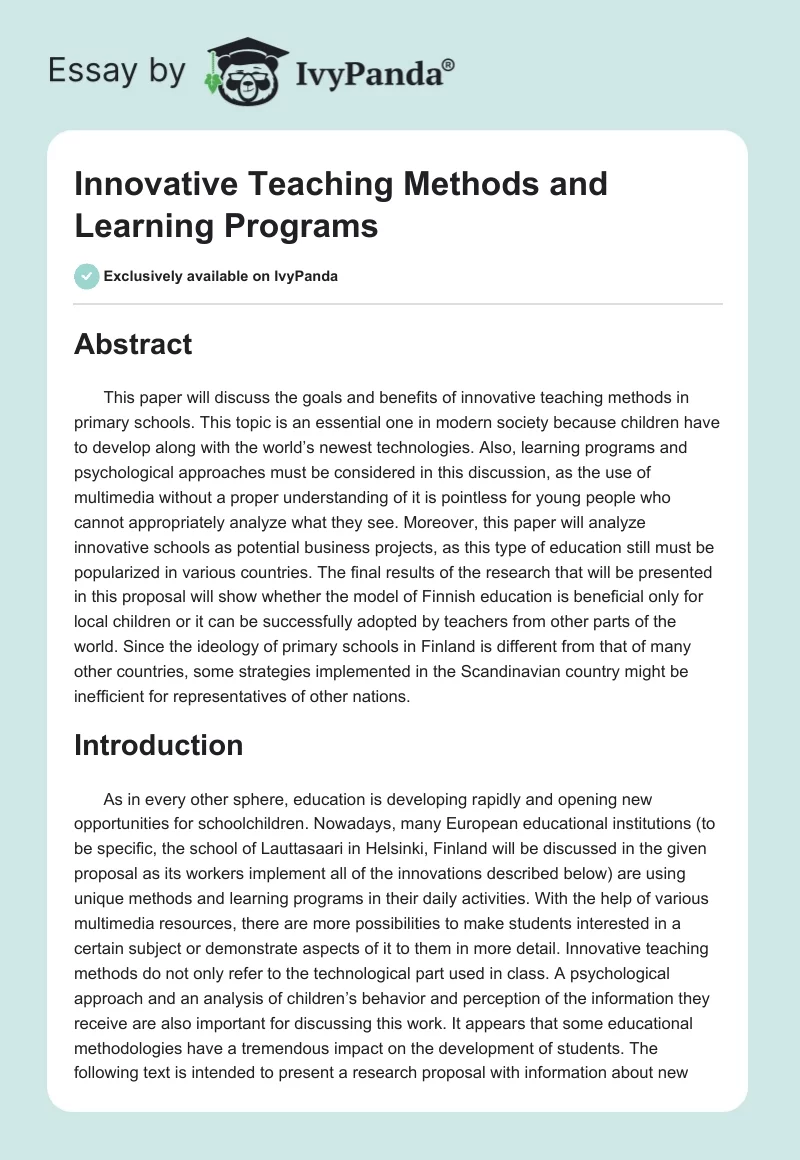 Innovative Teaching Methods and Learning Programs. Page 1