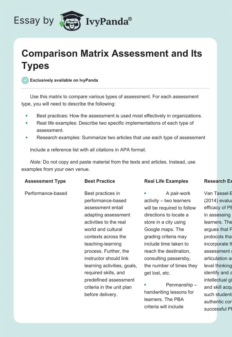 Comparison Matrix Assessment and Its Types. Page 1