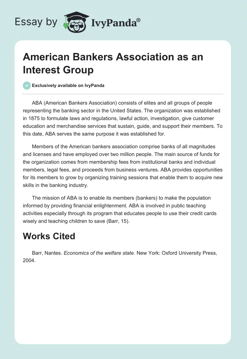 American Bankers Association as an Interest Group. Page 1