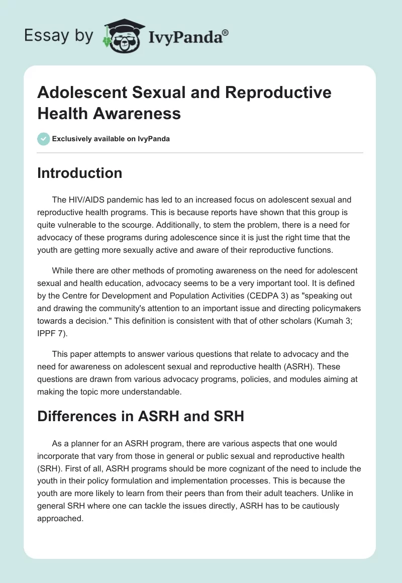 Adolescent Sexual and Reproductive Health Awareness. Page 1
