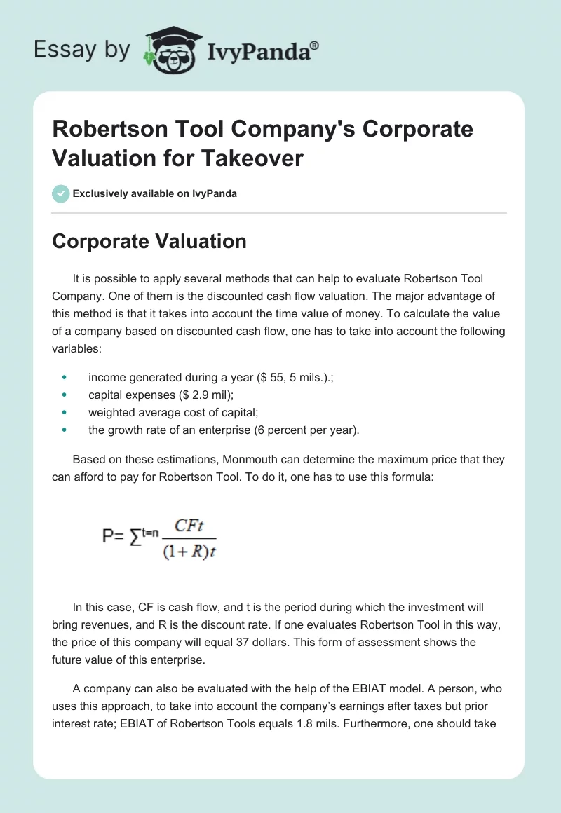 Robertson Tool Company's Corporate Valuation for Takeover. Page 1