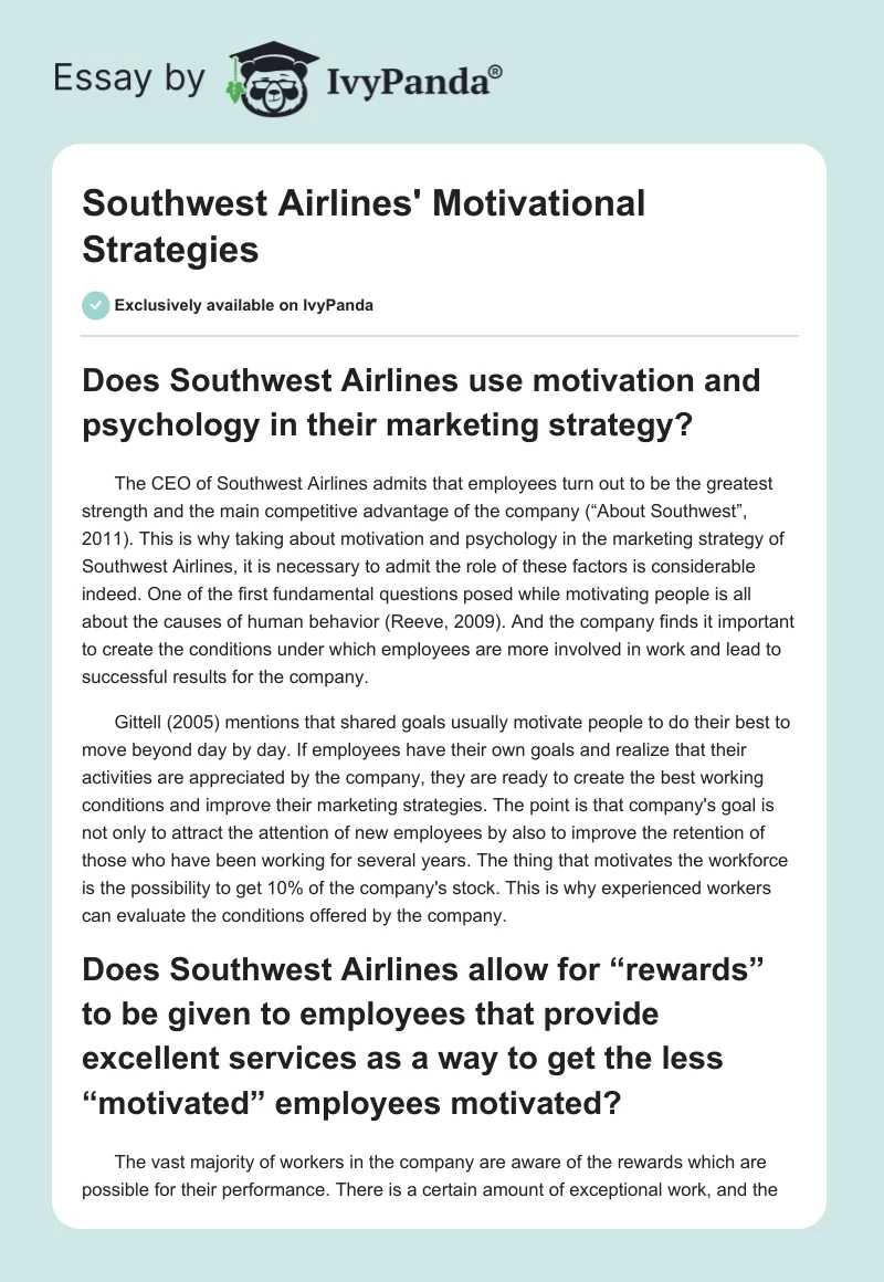 Southwest Airlines' Motivational Strategies. Page 1