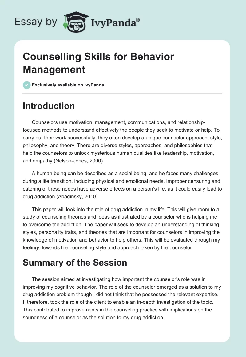 Counselling Skills for Behavior Management. Page 1