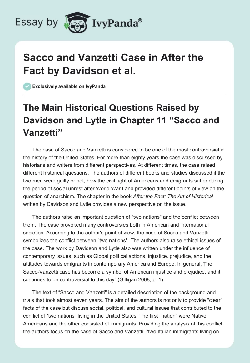 Sacco and Vanzetti Case in "After the Fact" by Davidson et al.. Page 1