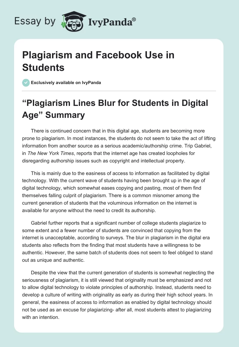 Plagiarism and Facebook Use in Students. Page 1
