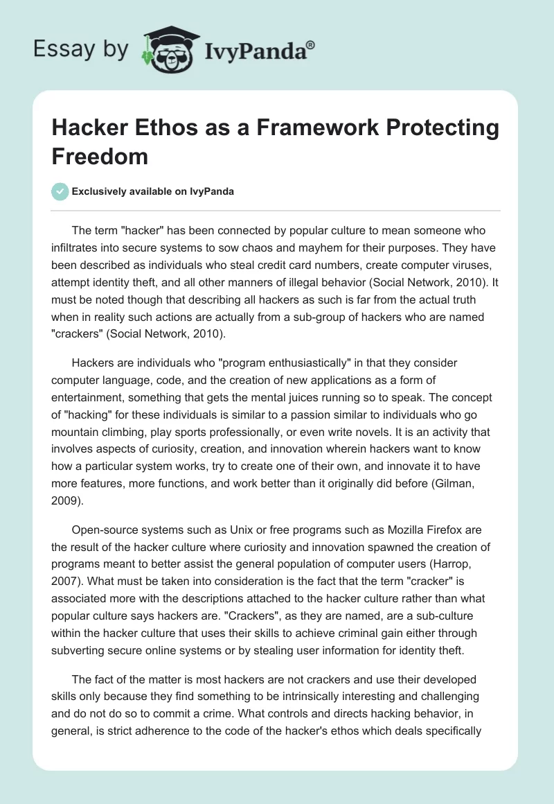 Hacker Ethos as a Framework Protecting Freedom. Page 1