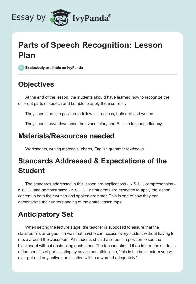 Parts of Speech Recognition: Lesson Plan. Page 1