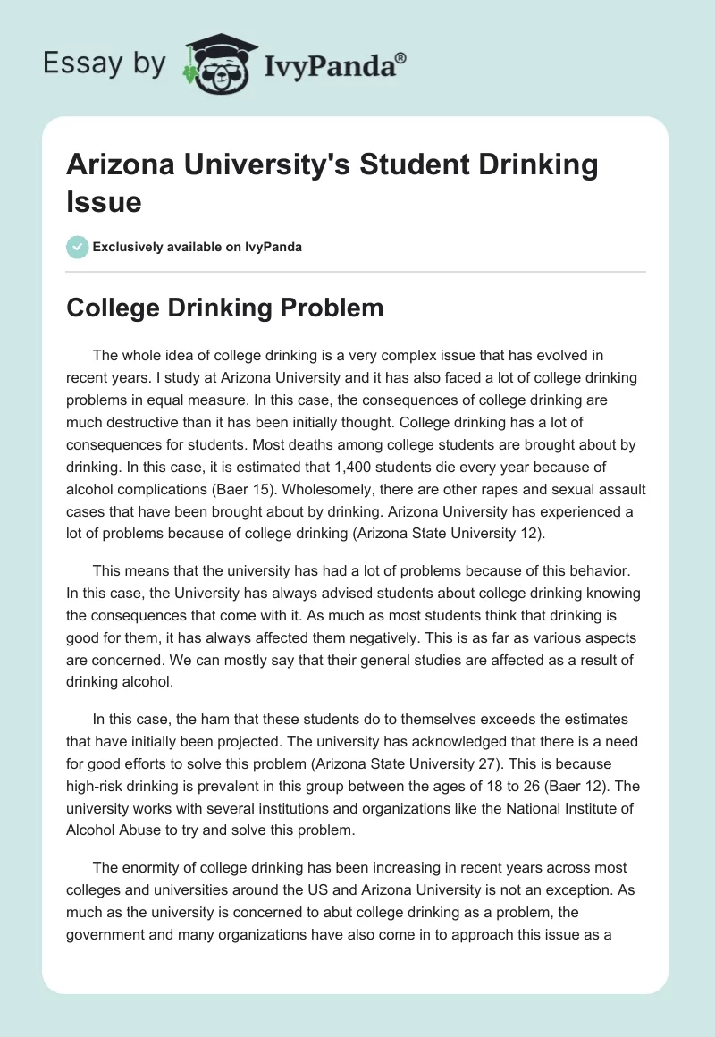 Arizona University's Student Drinking Issue. Page 1
