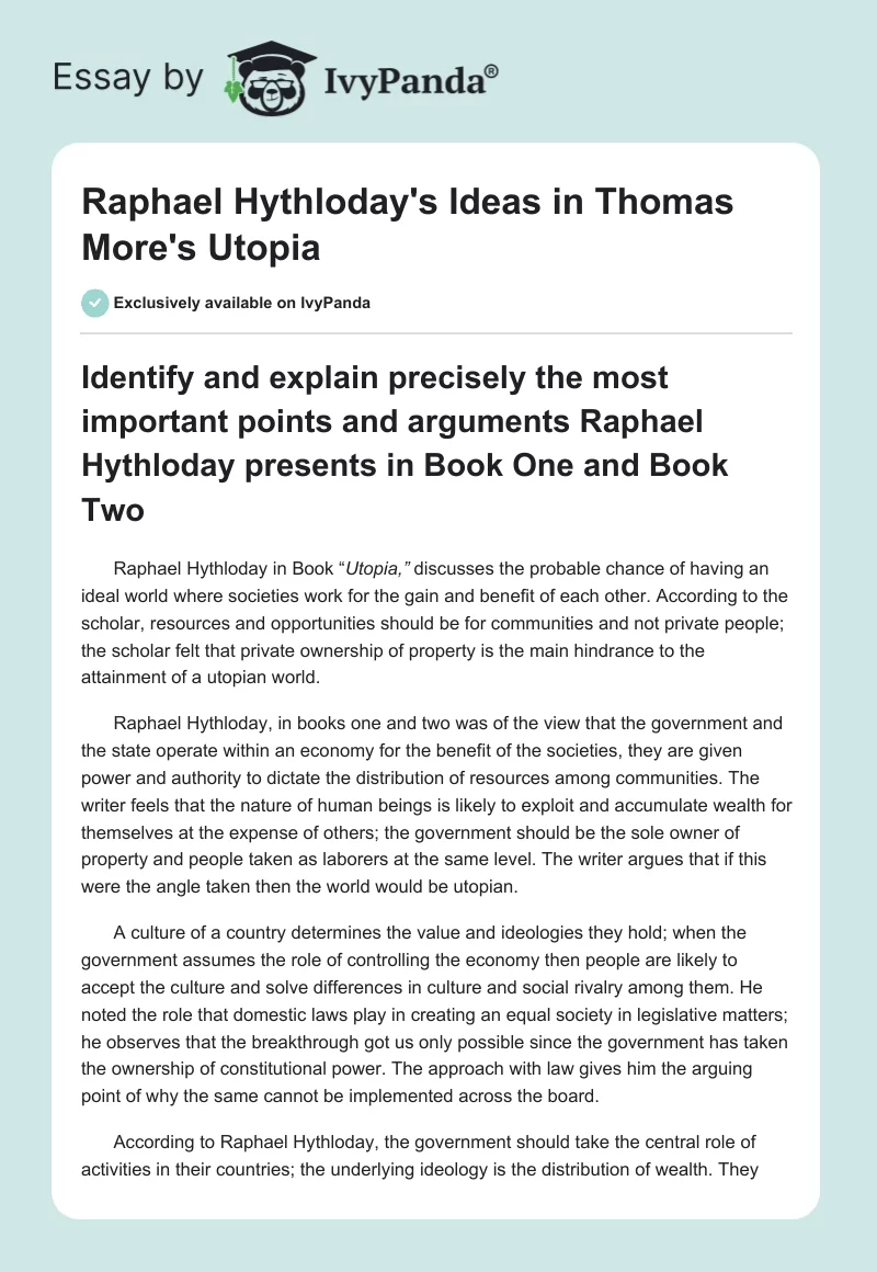 Raphael Hythloday's Ideas in Thomas More's "Utopia". Page 1