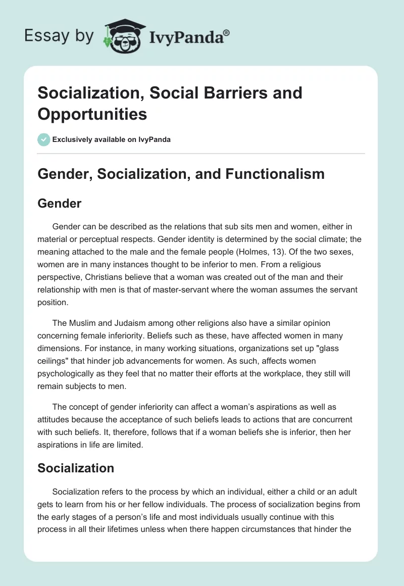 Socialization, Social Barriers and Opportunities. Page 1