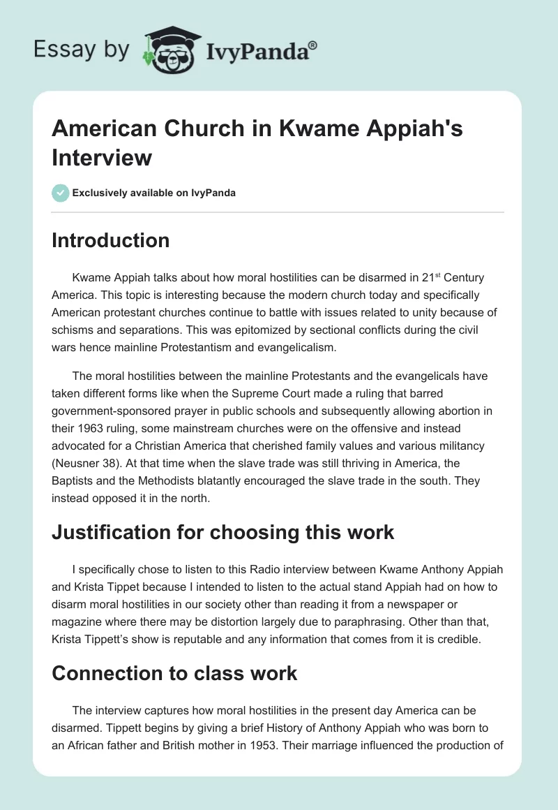 American Church in Kwame Appiah's Interview. Page 1