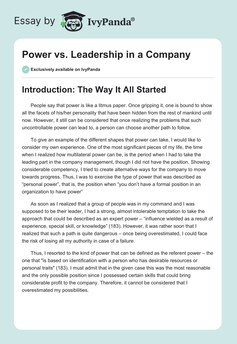 Power vs. Leadership in a Company. Page 1