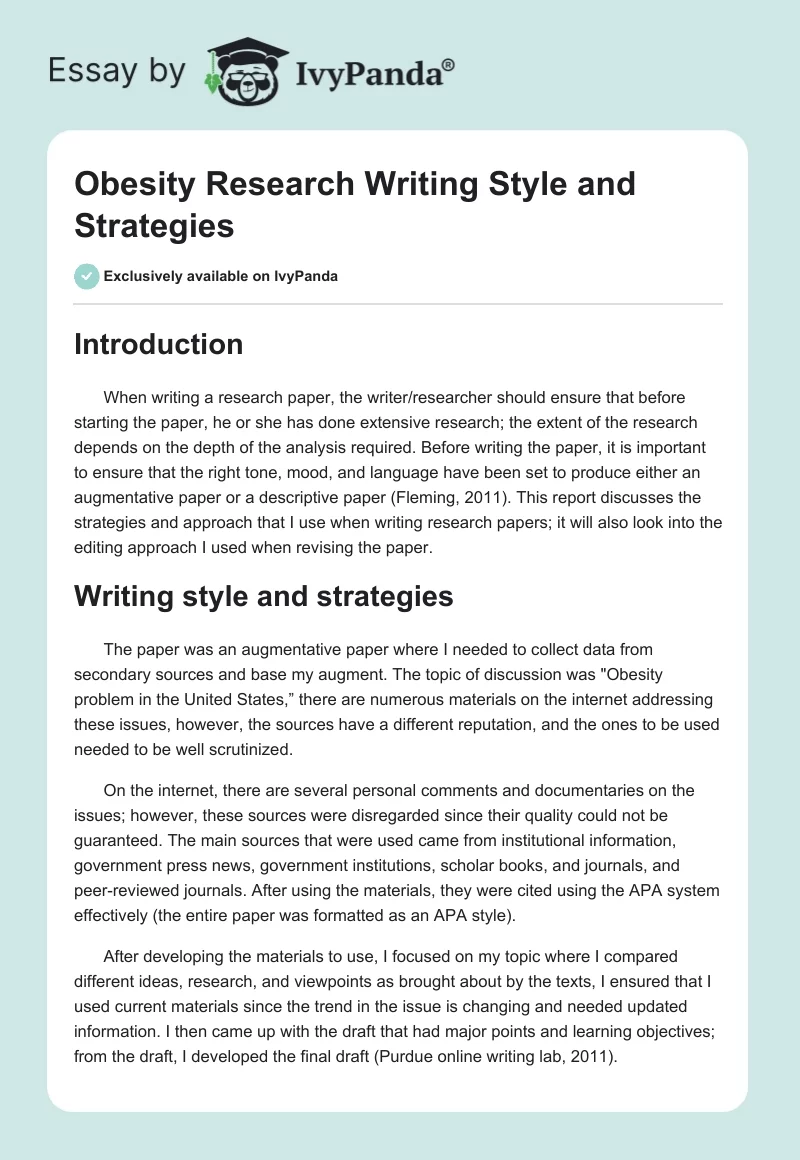 Obesity Research Writing Style and Strategies. Page 1