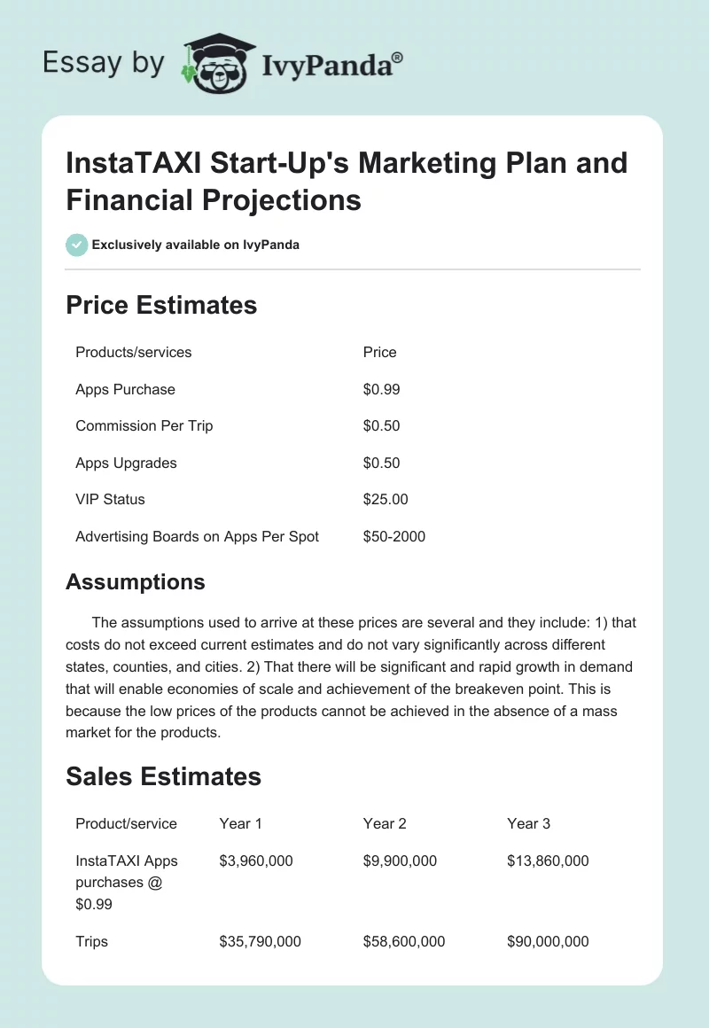 InstaTAXI Start-Up's Marketing Plan and Financial Projections. Page 1