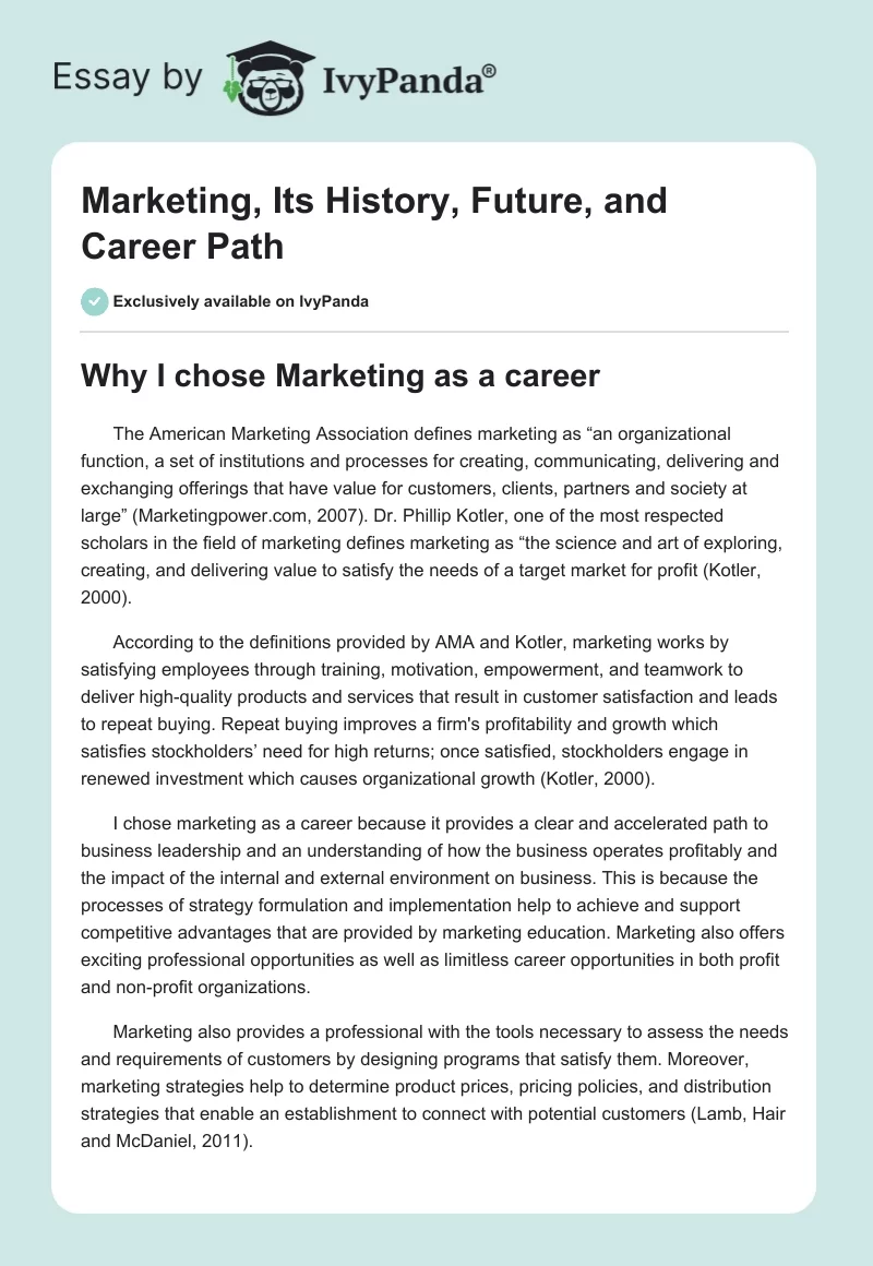 Marketing, Its History, Future, and Career Path. Page 1