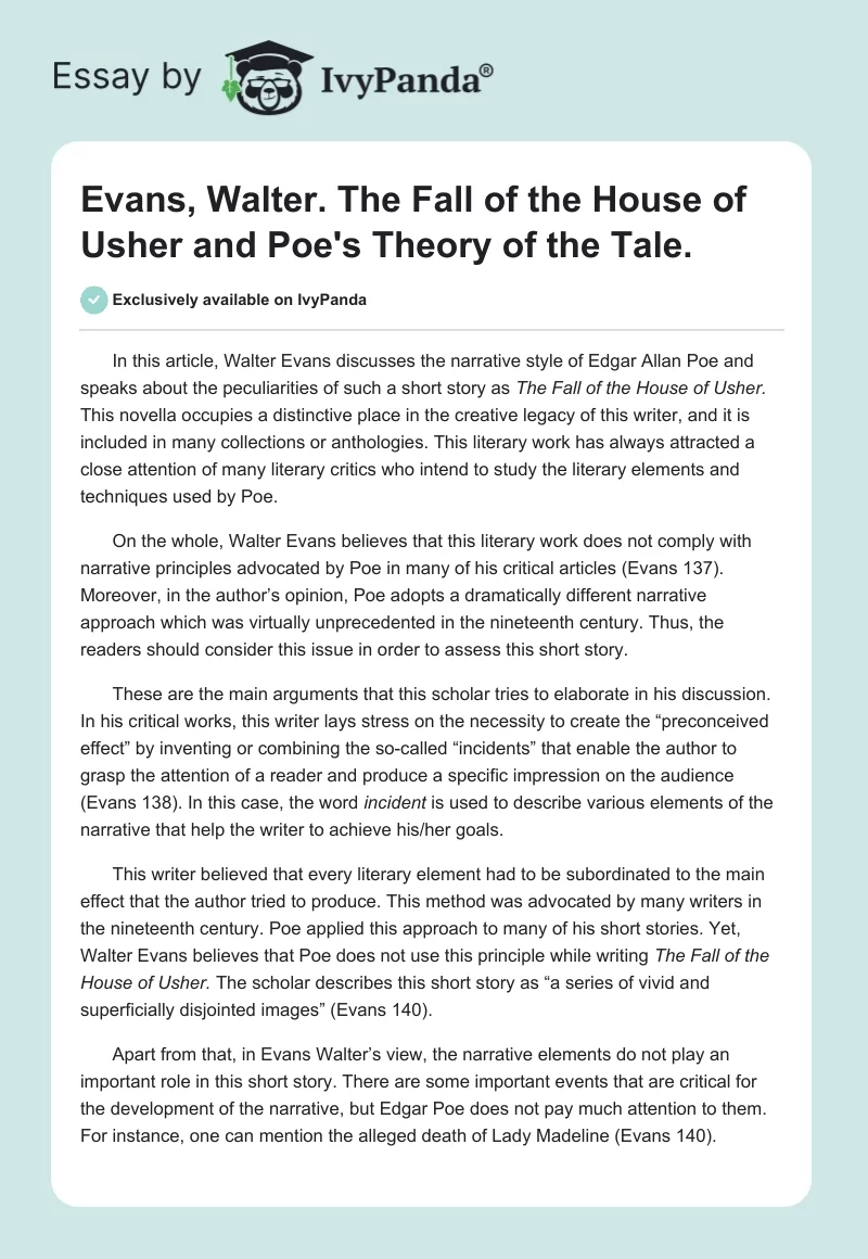 Evans, Walter. "The Fall of the House of Usher" and Poe's Theory of the Tale.. Page 1