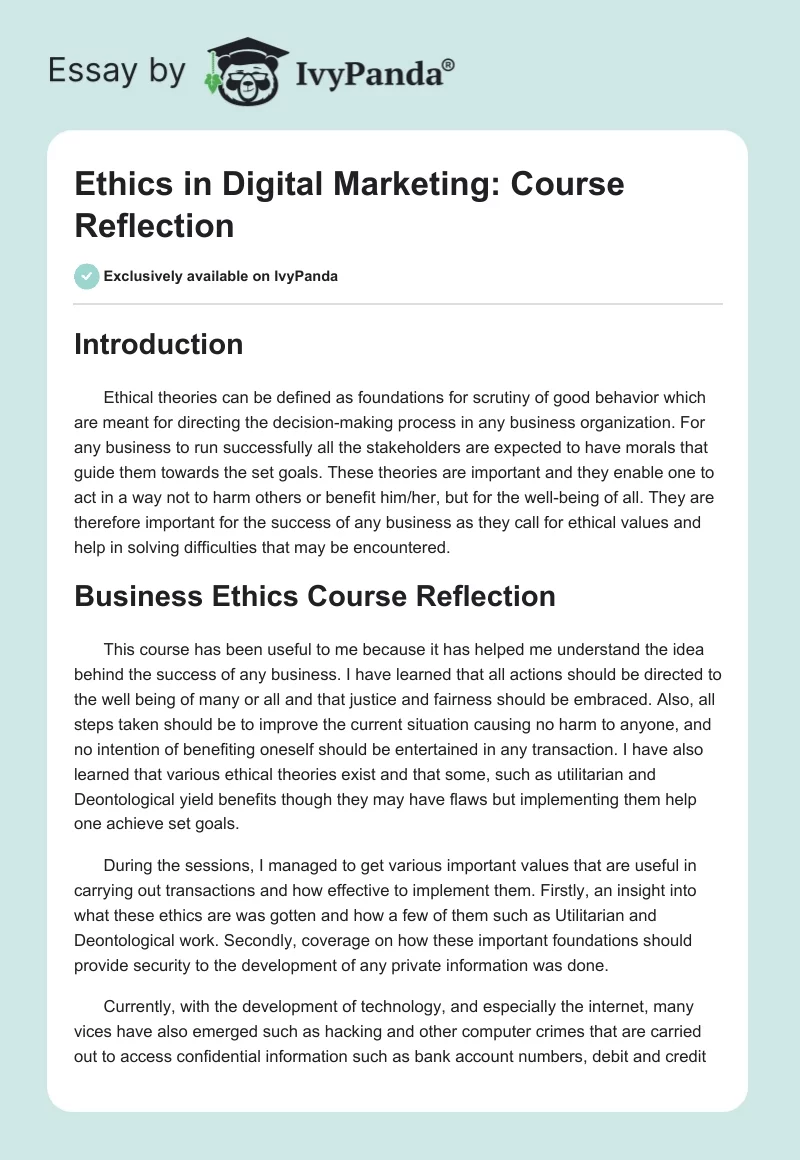 Ethics in Digital Marketing: Course Reflection. Page 1