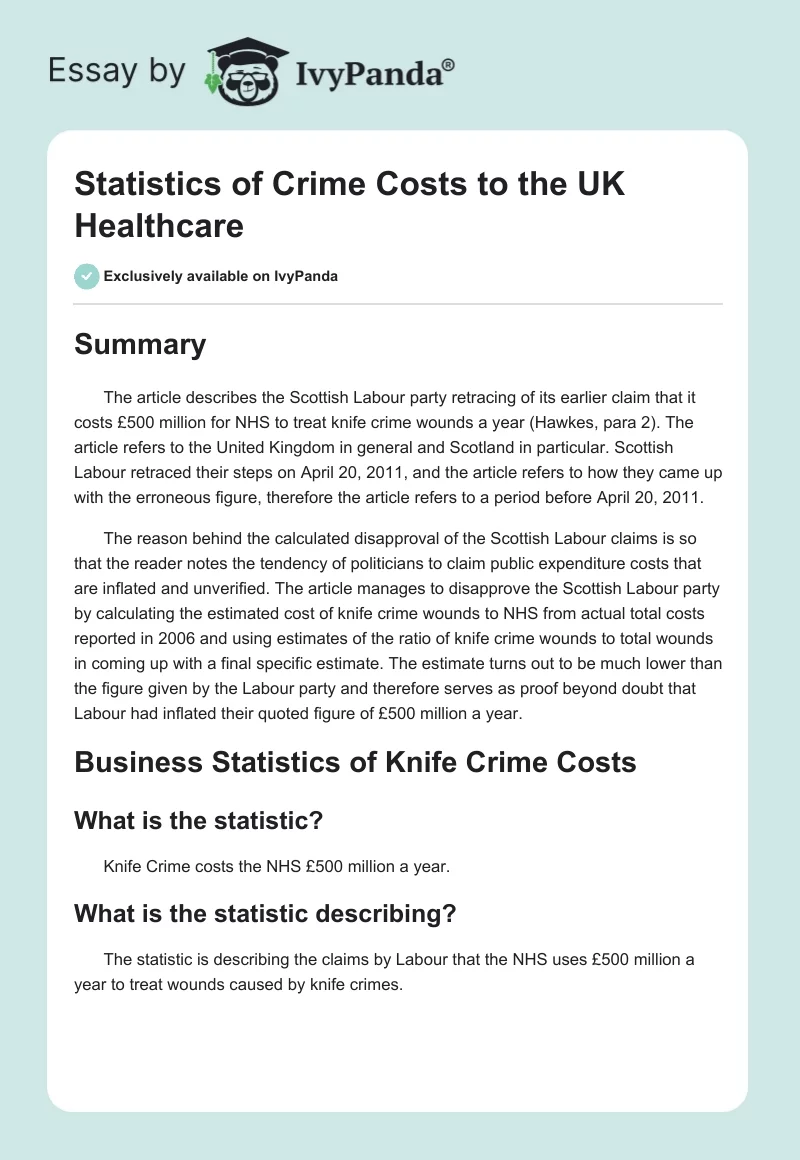 Statistics of Crime Costs to the UK Healthcare. Page 1