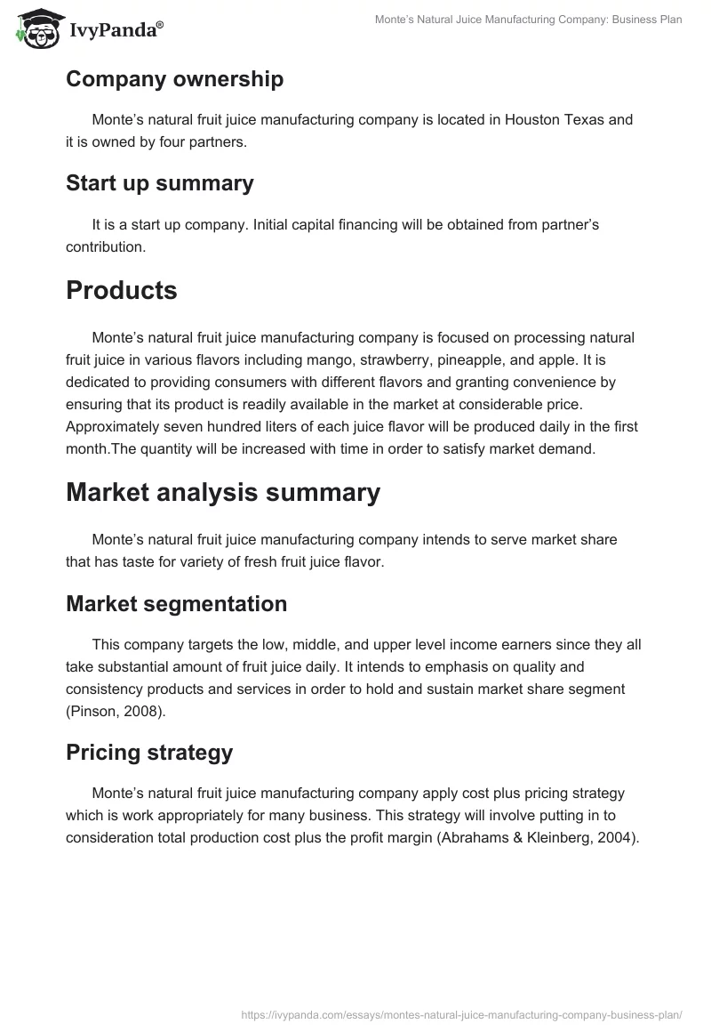Monte’s Natural Juice Manufacturing Company: Business Plan. Page 4