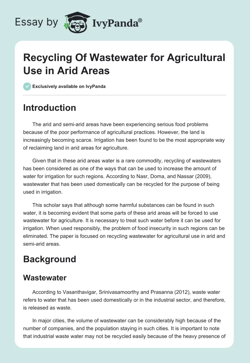 Recycling of Wastewater for Agricultural Use in Arid Areas. Page 1