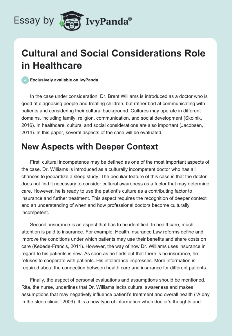 Cultural and Social Considerations Role in Healthcare. Page 1