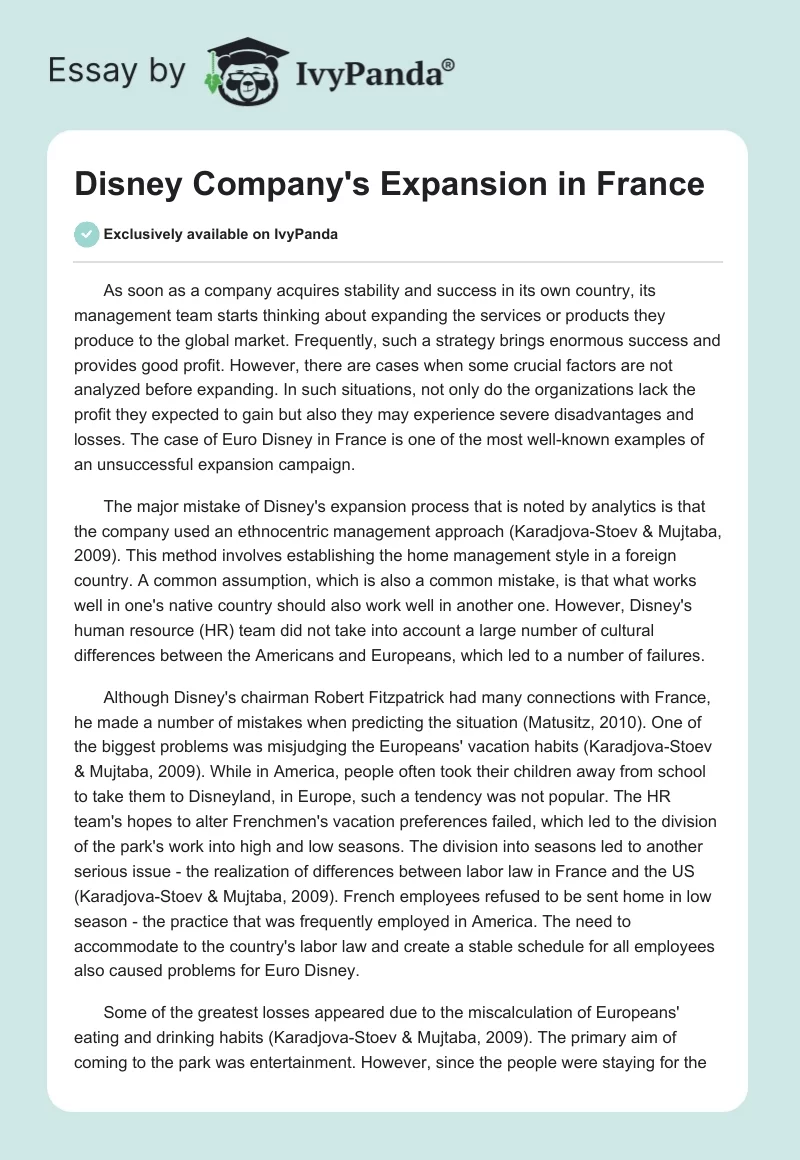 Disney Company's Expansion in France. Page 1