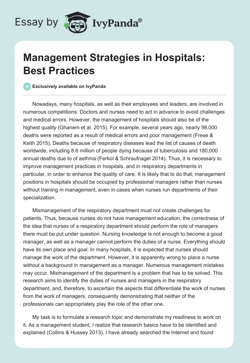 Management Strategies in Hospitals: Best Practices. Page 1