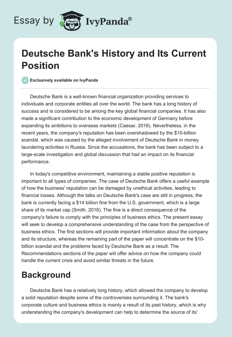 Deutsche Bank's History and Its Current Position. Page 1