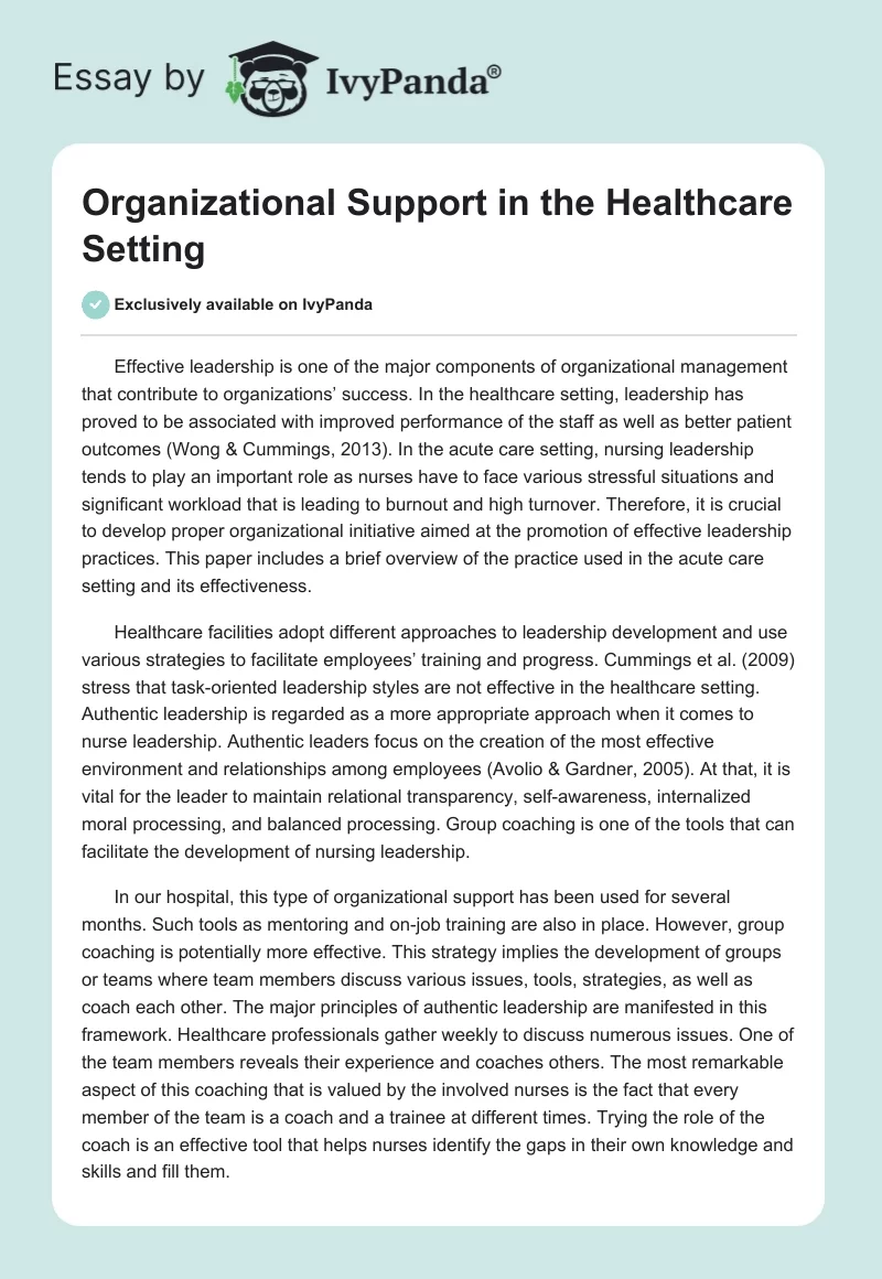 Organizational Support in the Healthcare Setting. Page 1