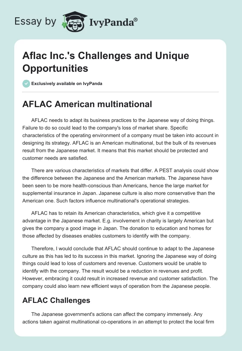 Aflac Inc.'s Challenges and Unique Opportunities. Page 1