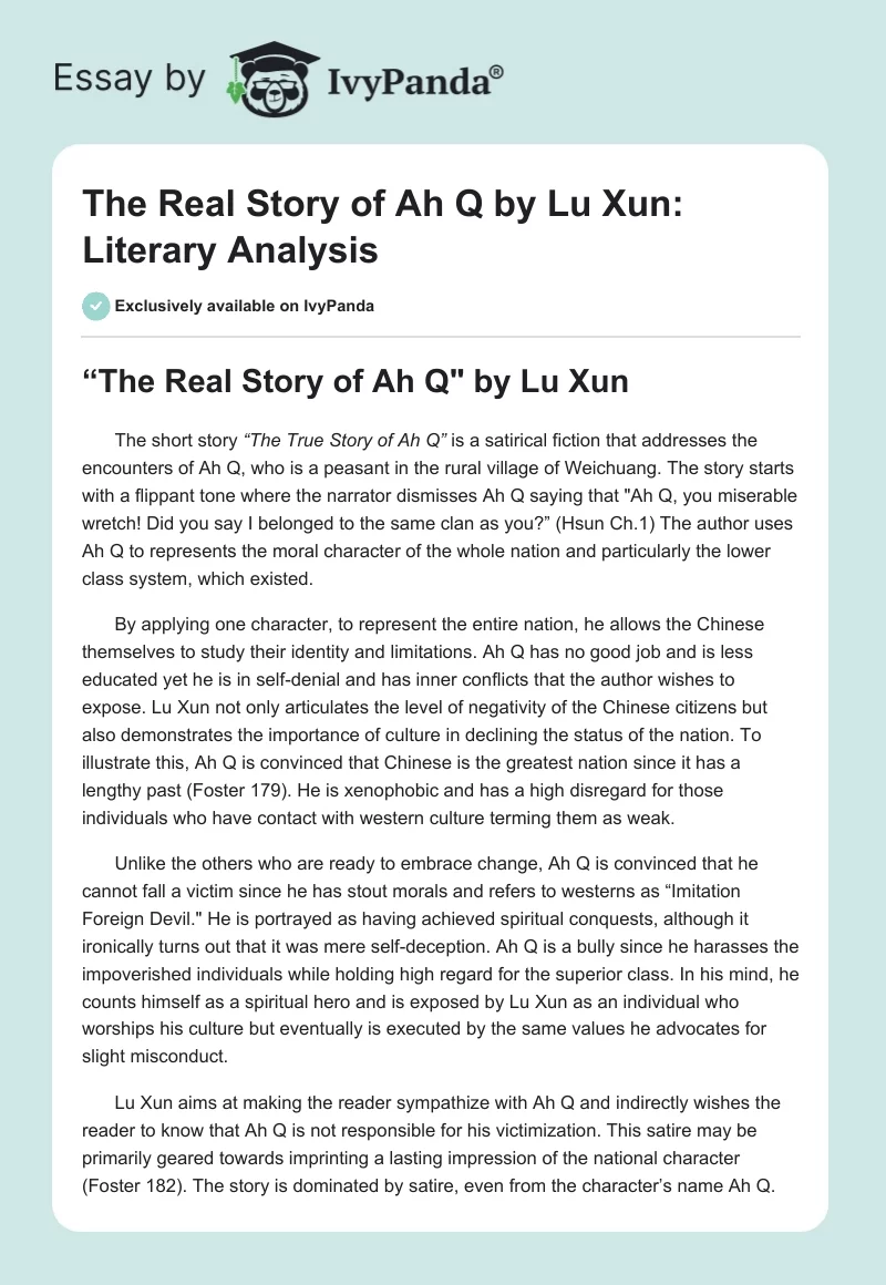 "The Real Story of Ah Q" by Lu Xun: Literary Analysis. Page 1