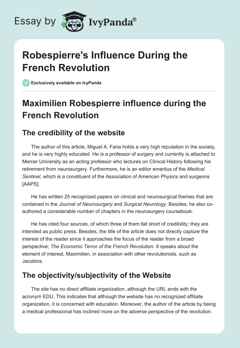 Robespierre's Influence During the French Revolution. Page 1