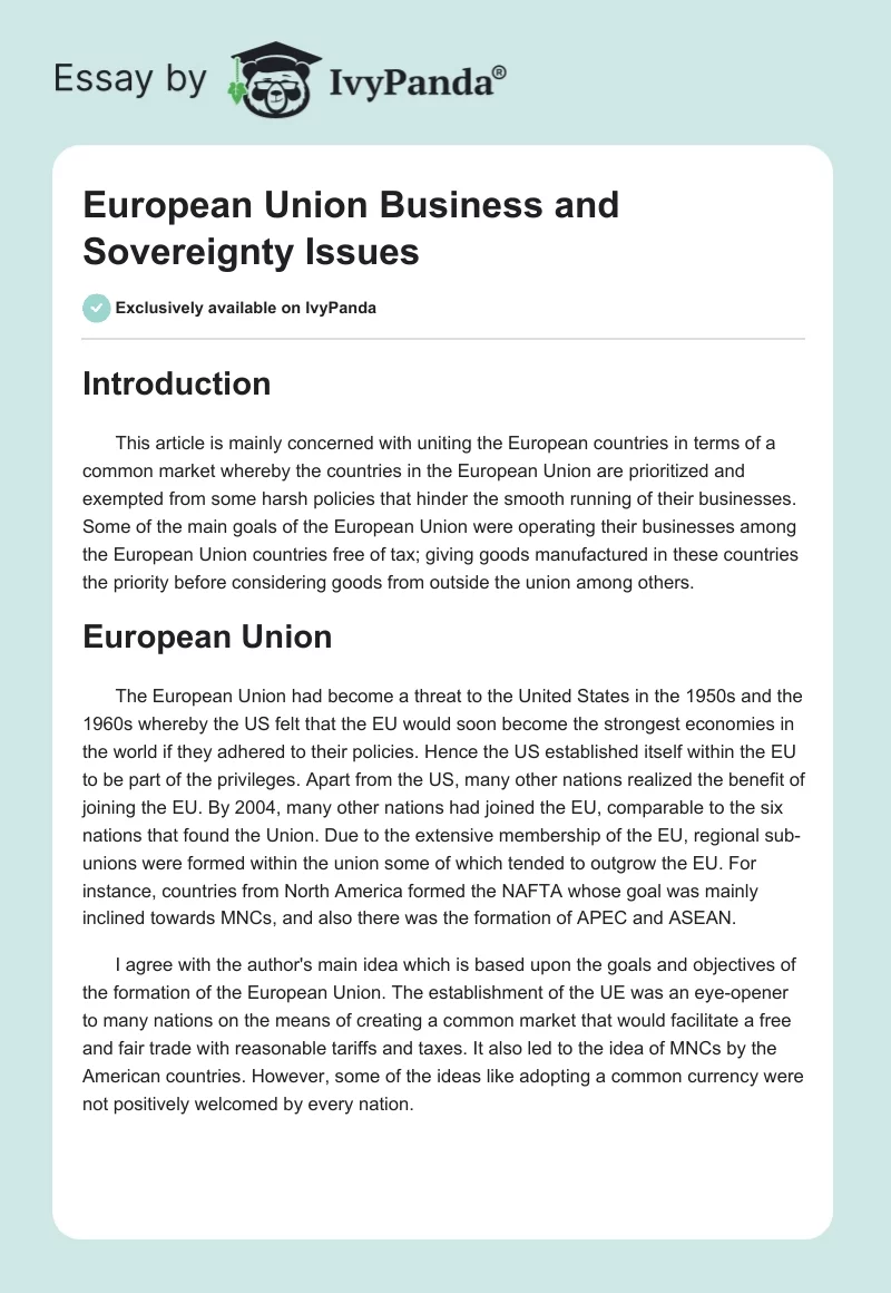 European Union Business and Sovereignty Issues. Page 1