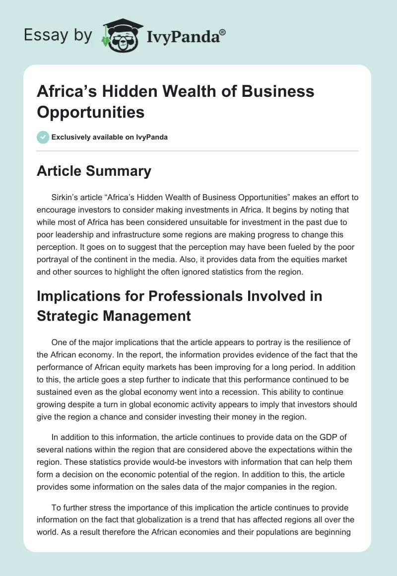 Africa’s Hidden Wealth of Business Opportunities. Page 1