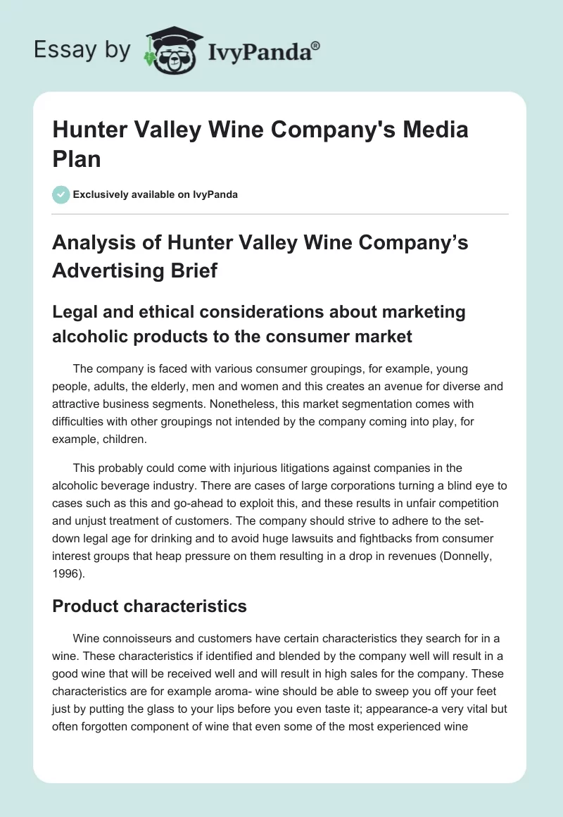 Hunter Valley Wine Company's Media Plan. Page 1